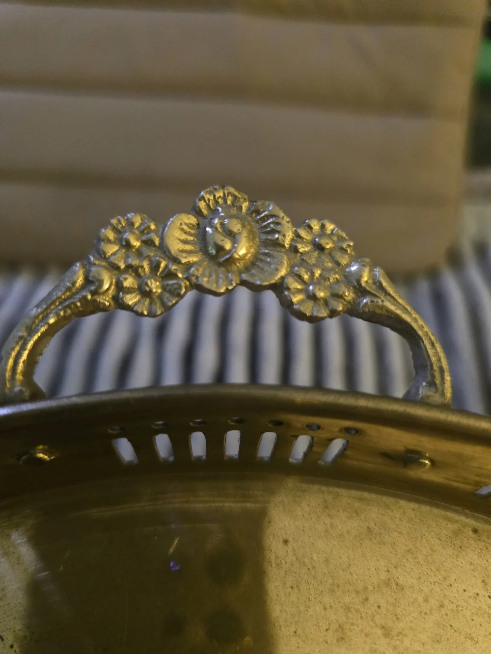 Vintage Brass Round Serving Tray with Floral Handles